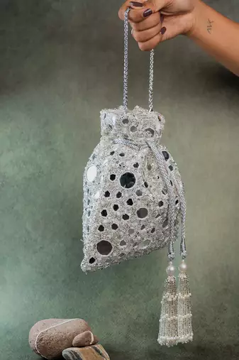 Silver mirror embroidered silk potli bag