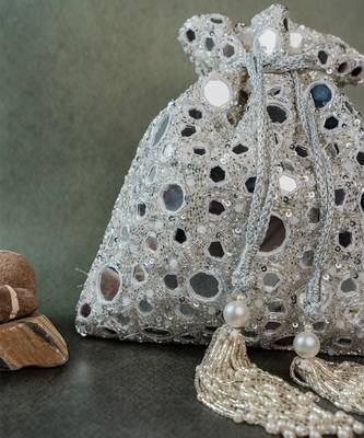 Silver mirror embroidered silk potli bag 4