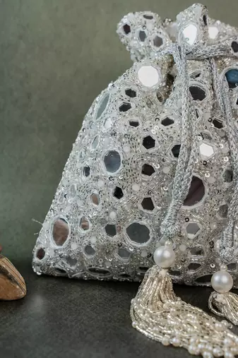 Silver mirror embroidered silk potli bag