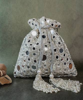 Silver mirror embroidered silk potli bag 5