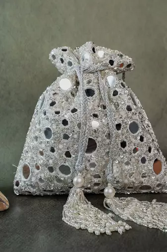 Silver mirror embroidered silk potli bag