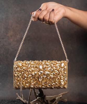 Gold kundan embroidered silk clutch 1