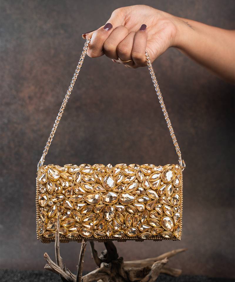 Gold kundan embroidered silk clutch