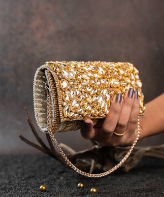 Gold kundan embroidered silk clutch 2
