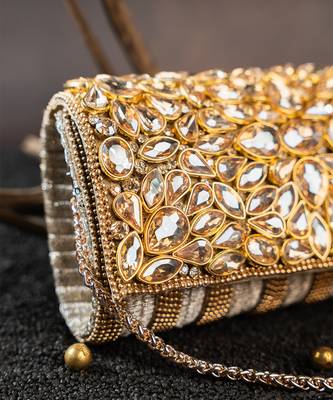 Gold kundan embroidered silk clutch 5