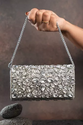Silver kundan embroidered silk clutch