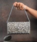 Silver kundan embroidered silk clutch
