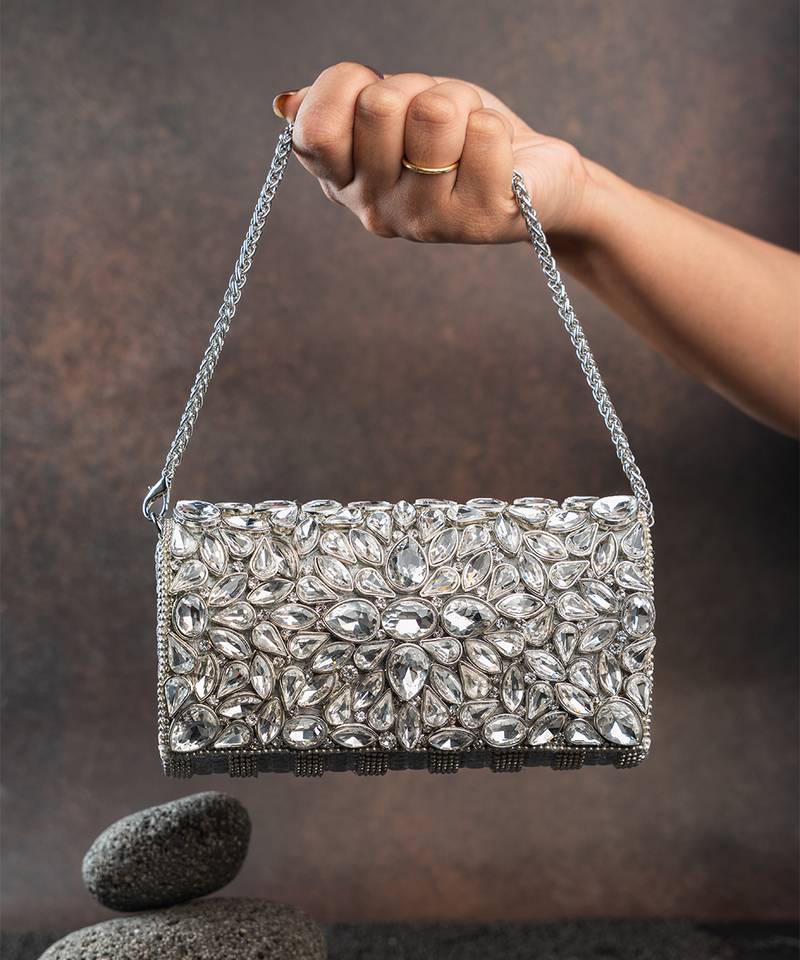 Silver kundan embroidered silk clutch