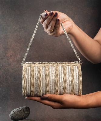 Silver kundan embroidered silk clutch 2
