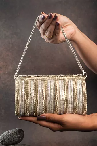 Silver kundan embroidered silk clutch