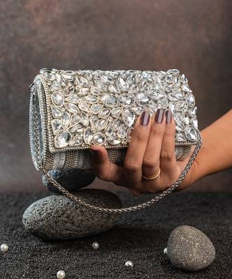 Silver kundan embroidered silk clutch 3