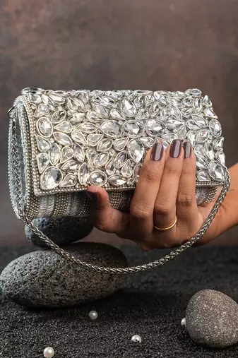 Silver kundan embroidered silk clutch