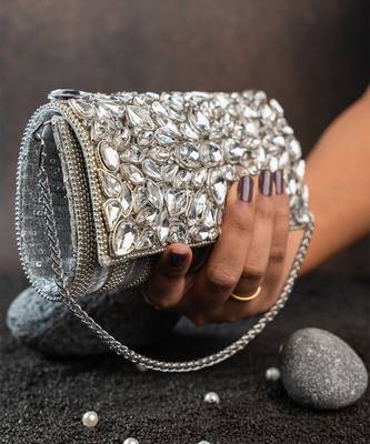 Silver kundan embroidered silk clutch 4