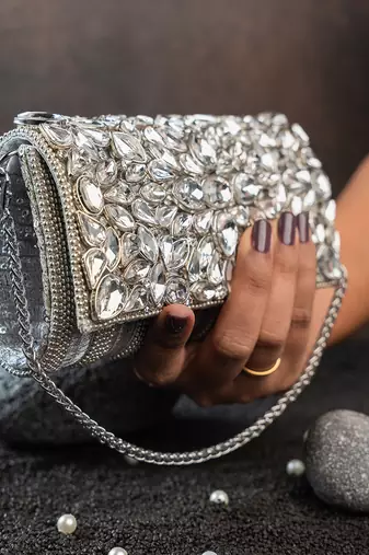 Silver kundan embroidered silk clutch