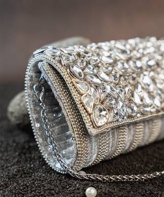 Silver kundan embroidered silk clutch 5