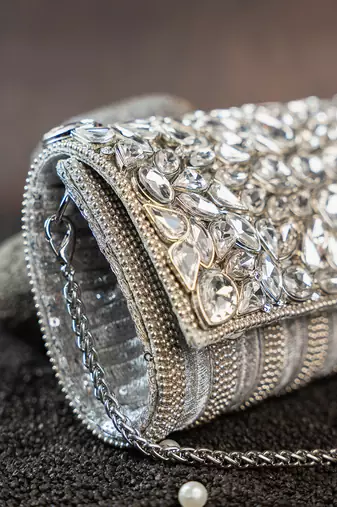 Silver kundan embroidered silk clutch