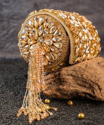 Gold kundan embroidered silk cylindrical bag 2