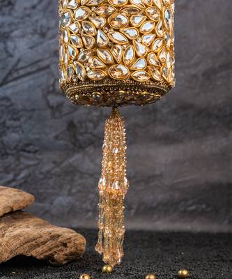 Gold kundan embroidered silk cylindrical bag 3