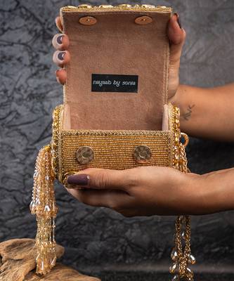 Gold kundan embroidered silk cylindrical bag 4