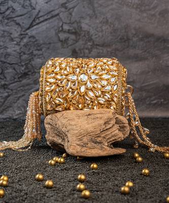 Gold kundan embroidered silk cylindrical bag 5