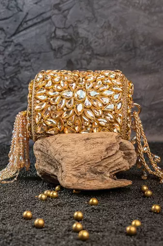 Gold kundan embroidered silk cylindrical bag