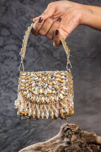 Dual tone diamond embroidered silk clutch