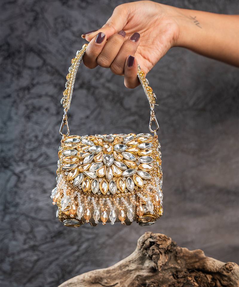 Dual tone diamond embroidered silk clutch