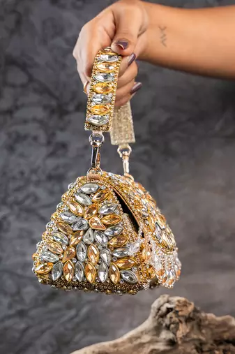 Dual tone diamond embroidered silk clutch