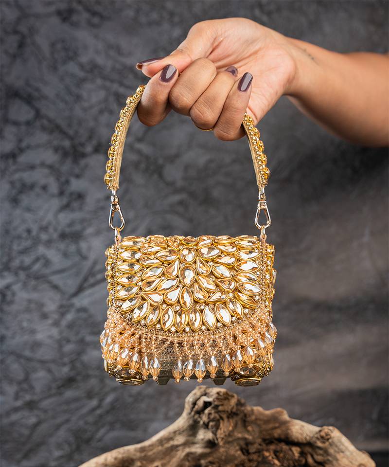 Gold diamond embroidered silk clutch