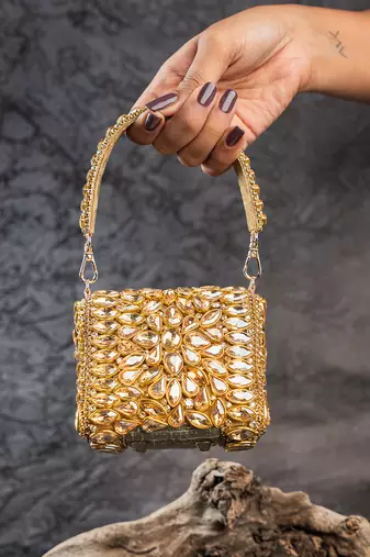 Gold diamond embroidered silk clutch