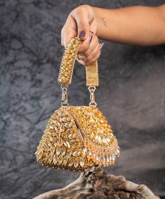 Gold diamond embroidered silk clutch 4