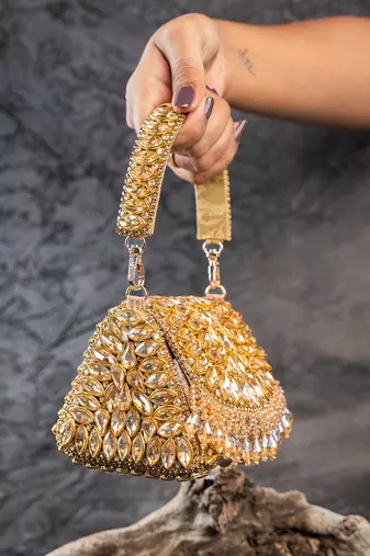Gold diamond embroidered silk clutch