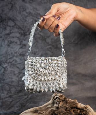 Silver diamond embroidered silk clutch 1