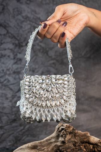 Silver diamond embroidered silk clutch