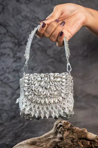 Silver diamond embroidered silk clutch