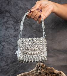 Silver diamond embroidered silk clutch