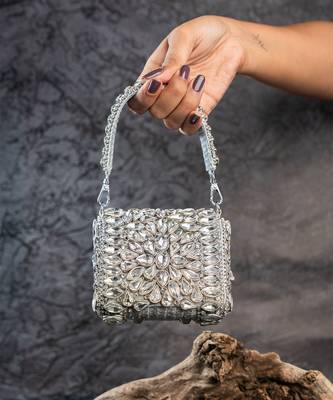Silver diamond embroidered silk clutch 2