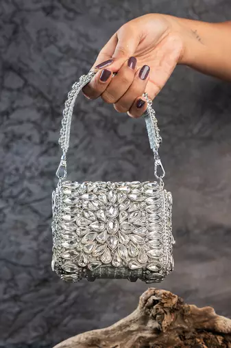 Silver diamond embroidered silk clutch