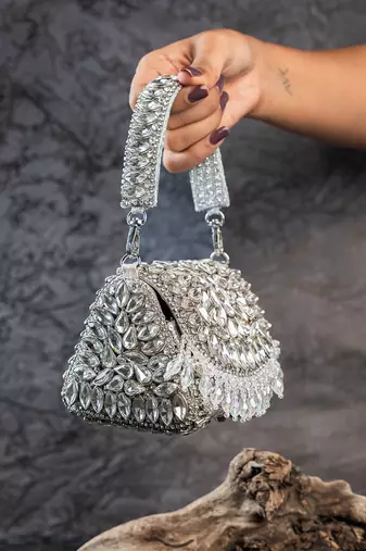 Silver diamond embroidered silk clutch