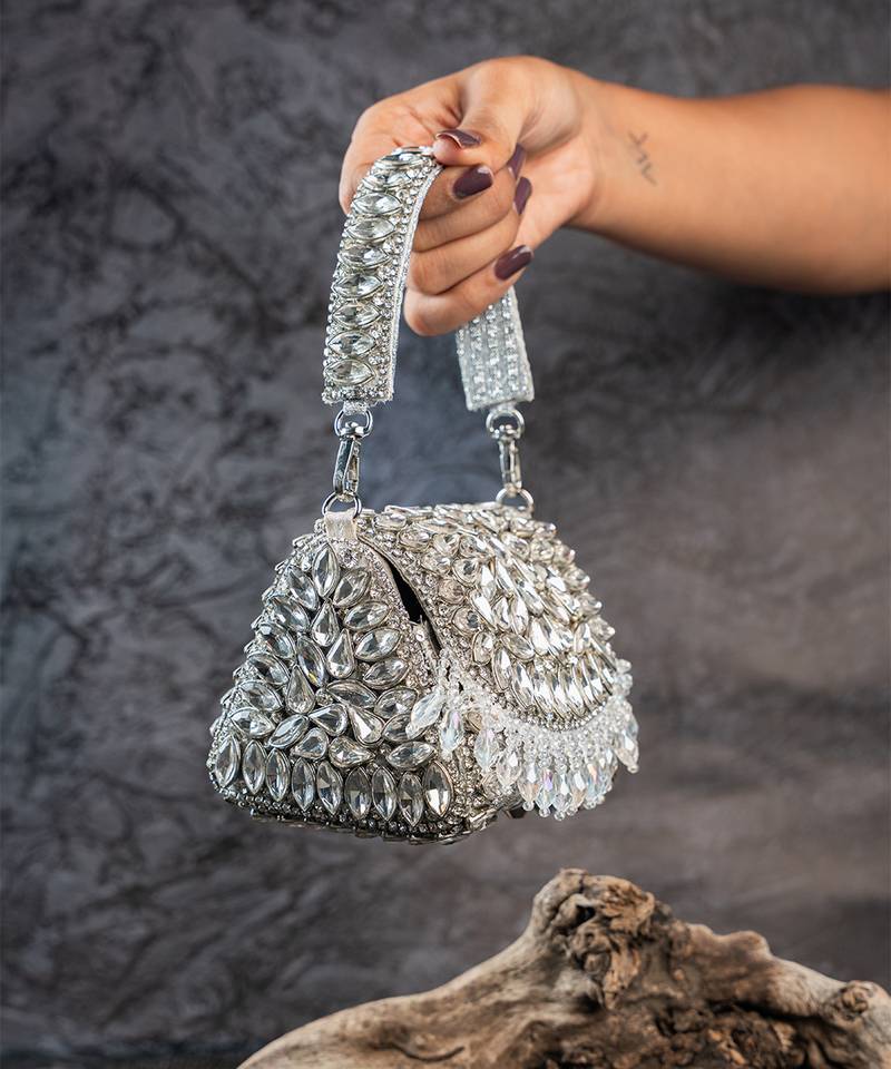 Silver diamond embroidered silk clutch