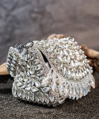 Silver diamond embroidered silk clutch 4