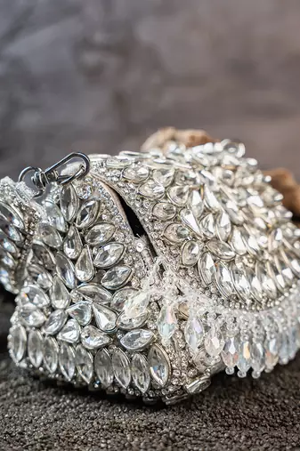 Silver diamond embroidered silk clutch
