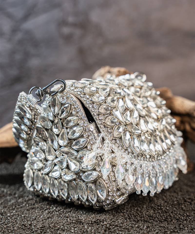 Silver diamond embroidered silk clutch
