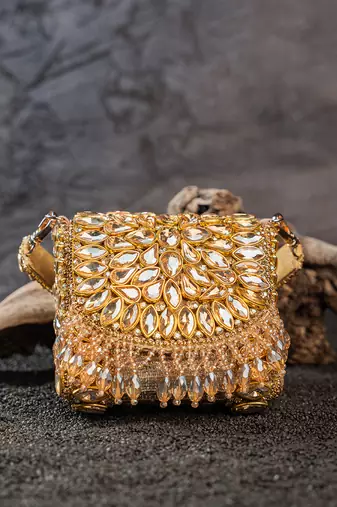Gold embroidered silk mini clutch