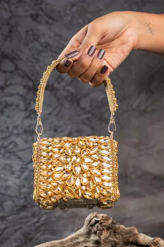 Gold embroidered silk mini clutch