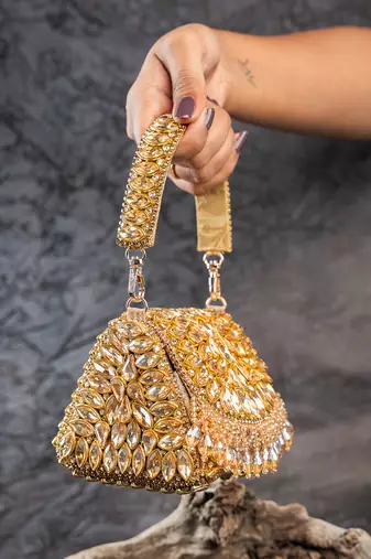 Gold embroidered silk mini clutch