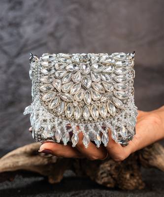 Silver embroidered silk mini clutch 1