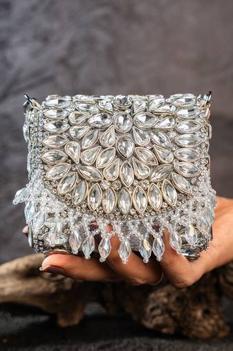 Silver embroidered silk mini clutch