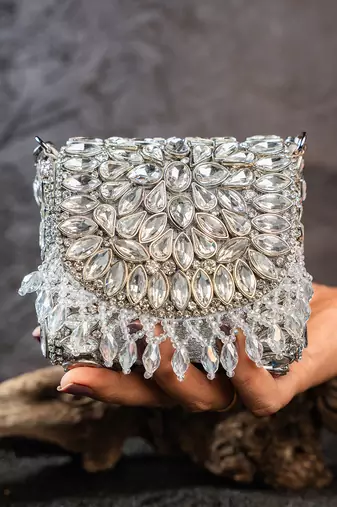 Silver embroidered silk mini clutch