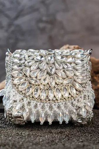 Silver embroidered silk mini clutch